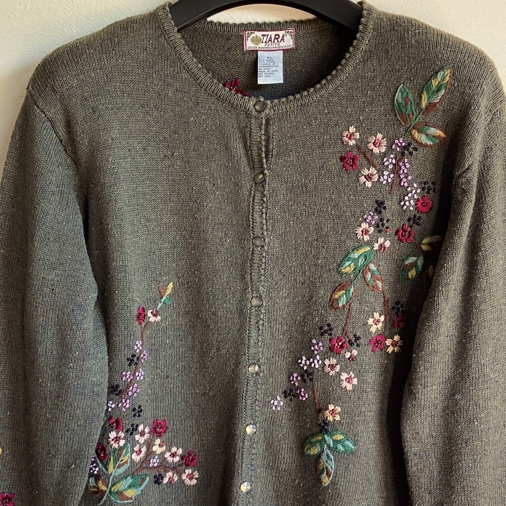 Vintage Tiara Green/Gray Floral Embroidered Cotton/Ramie Cardigan PL - Picture 3 of 14